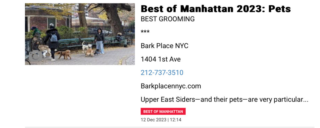 Bark Place NYC named best Grooming in Best of Manhattan Awards